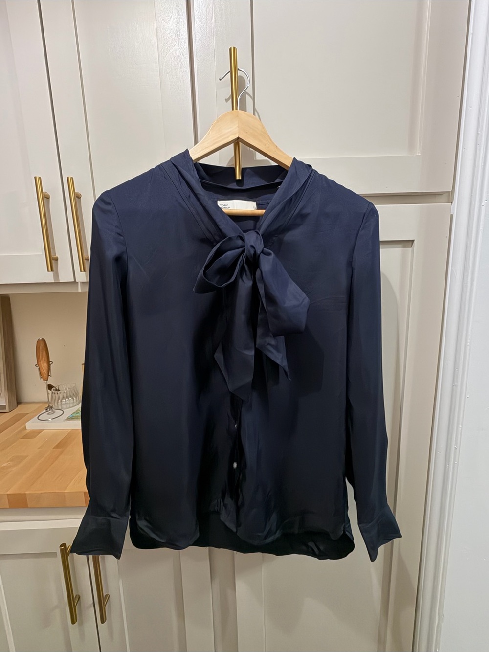 Tory Burch Navy Silk Tie-Neck Button Down Blouse